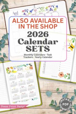 A promotional image for the 2026 Calendar Set & Habit Tracker, featuring watercolor floral monthly and yearly pages. The text highlights instant PDF downloads are available.
