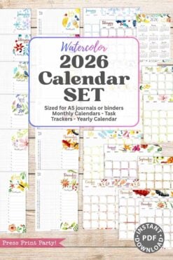 The 2026 Calendar Set & Habit Tracker features A5-sized printable watercolor floral pages, including monthly calendars, task trackers, and a yearly overview in a pastel color scheme—perfect for journals and binders.