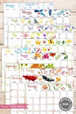 The 2026 Calendar Set & Habit Tracker features watercolor floral designs for each month, stacked in two columns with weekdays and blank date boxes. Includes a PDF instant download.