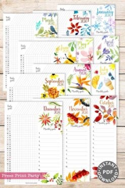 The 2026 Calendar Set & Habit Tracker features monthly planner sheets with watercolor floral designs, labeled for each month and displayed on a wooden background. Text: “Press Print Party! Instant Download PDF.”.