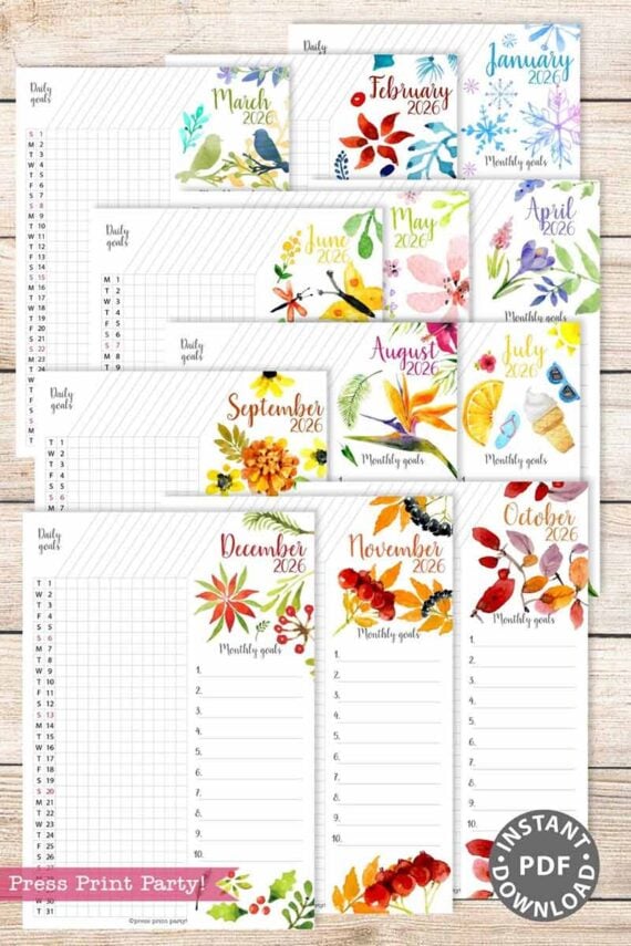 2026 Habit Tracker Pages, Watercolor Floral Design
