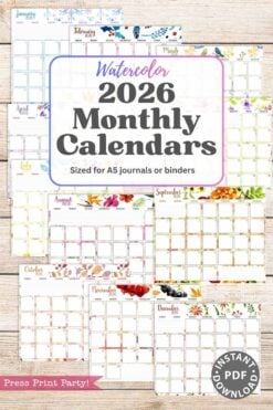 The "2026 Calendar Set & Habit Tracker, Watercolor Floral Design" offers printable A5 monthly calendar pages with unique floral artwork for each month, perfect for journals or binders.