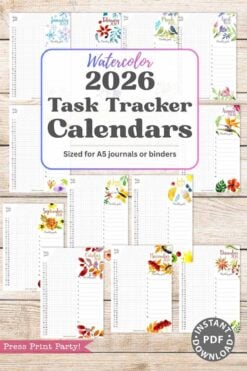 Preview the 2026 Calendar Set & Habit Tracker, Watercolor Floral Design: A5 printable PDFs with monthly vertical trackers and vibrant floral art. Instantly download and organize your year with these colorful, journal-sized pages.