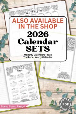 A promotional image for the 2026 Calendar Set & Habit Tracker, Watercolor Floral Design, displays sample printable pages with decorative borders. Text notes that these 2026 sets are available as instant PDF downloads.