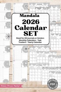 The 2026 Calendar Set & Habit Tracker features monthly pages with watercolor floral designs, a yearly overview, and task trackers. This printable PDF fits A5 journals or binders for easy organization.