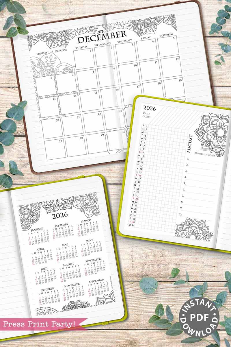 A flat lay of the 2026 Calendar Set & Habit Tracker—printable pages featuring a December monthly calendar, year-at-a-glance, and weekly planner with watercolor florals—surrounded by eucalyptus leaves. "Instant PDF Download" badge shown.