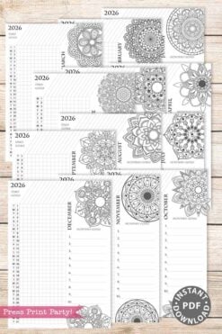 A printable 2026 Calendar Set & Habit Tracker featuring watercolor floral designs on each monthly page, goal and notes sections, and a "Press Print Party!" banner displayed on a wooden background.