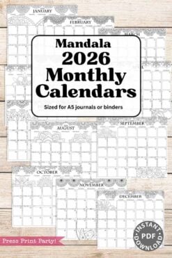 A set of 2026 monthly calendar pages with watercolor floral designs and a habit tracker, sized for A5 journals or binders. The text reads: "2026 Calendar Set & Habit Tracker, Watercolor Floral Design." Displayed on a wooden background.