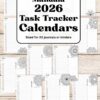 A collage of printable 2026 Calendar Set & Habit Tracker pages with watercolor floral designs, displayed on wood. Text: β2026 Calendar Set & Habit Tracker β Watercolor Floral Design, sized for A5 journals or binders.β.