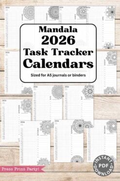 A collage of printable 2026 Calendar Set & Habit Tracker pages with watercolor floral designs, displayed on wood. Text: “2026 Calendar Set & Habit Tracker – Watercolor Floral Design, sized for A5 journals or binders.”.
