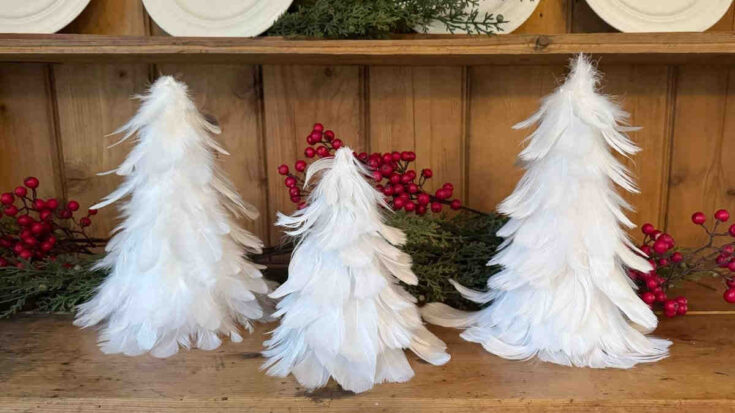 Three white Christmas trees made of feathers sit on a wooden shelf, with green pine branches and red berries in the background, creating a festive holiday display.