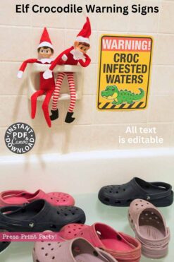 Two toy elves perch on a bath ledge above a