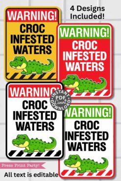 Four "Christmas Elf Croc Warning Sign Bathtub Prank" signs featuring a cartoon crocodile and elf, each with a red, green, yellow, or white background. Includes four editable designs; perfect for festive bathtub pranks.