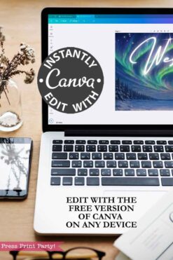 A laptop with the Christmas Elf Your Name Poster, Sky Writing design open on Canva sits on a desk near a smartphone, croc warning sign, flower vase, and notebook. Overlay text reads: 