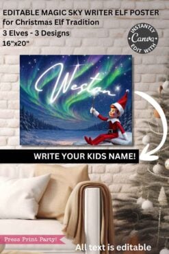 The Christmas Elf Your Name Poster, Sky Writing, features an elf on a snowy rooftop pointing to your glowing name in the northern lights. This playful, editable poster blends festive tradition with fun croc warning sign elements for kids.