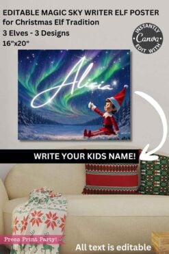 A Christmas Elf Your Name Poster, Sky Writing, shows an elf in a Santa hat writing a name in the aurora-lit sky beside a fun croc warning sign. This customizable poster offers editable text for kids’ names and comes in three festive designs.