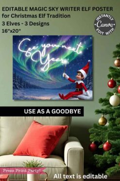 A festive room with a Christmas tree and sofa. On the wall is a Christmas Elf Your Name Poster, Sky Writing—an editable poster where an elf writes custom text in the night sky, next to a playful croc warning sign.