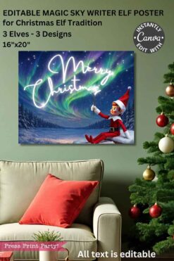 A festive room with a decorated tree and sofa features the Christmas Elf Your Name Poster, showing an elf sky-writing “Merry Christmas”—plus a whimsical croc warning sign for your Christmas Elf tradition.