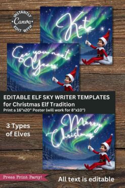 The Christmas Elf Your Name Poster, Sky Writing features editable, printable holiday templates with elves on snowy ground and glowing aurora messages: “See you next year,” “Kate,” and “Merry Christmas,” plus a croc warning sign.