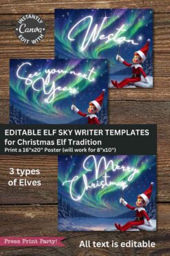The Christmas Elf Your Name Poster, Sky Writing features an elf on snow under northern lights with messages like “Merry Christmas.” Editable and printable, it includes an option to add a playful croc warning sign for extra fun.