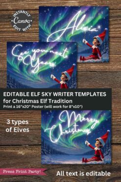 The Christmas Elf Your Name Poster, Sky Writing features editable templates of a festive elf writing glowing messages like 