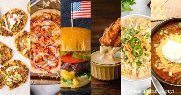 A collage of six foods: mini taco pizzas, pizza with red onions, a cheeseburger with a small US flag, fried chicken dipped in sauce, a creamy soup with jalapeños, and chili topped with sour cream.