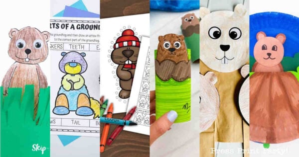 A collage of five different Groundhog Day crafts for kids, including colored paper groundhogs, coloring pages, and groundhog puppets made from cups, bags, and plates, shown with art supplies.