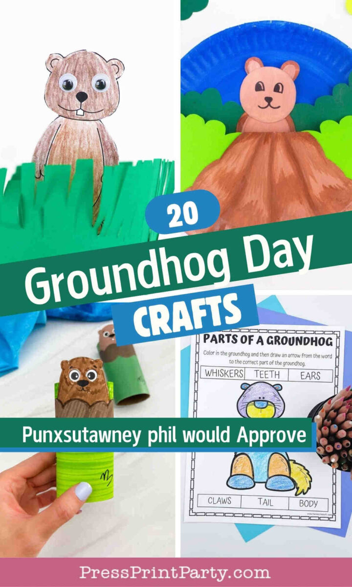 Collage of colorful, kid-friendly Groundhog Day Crafts—featuring paper plate groundhogs, a groundhog puppet, and a worksheet with groundhog body parts. Text reads: “20 Groundhog Day Crafts – Punxsutawney Phil would Approve.”.