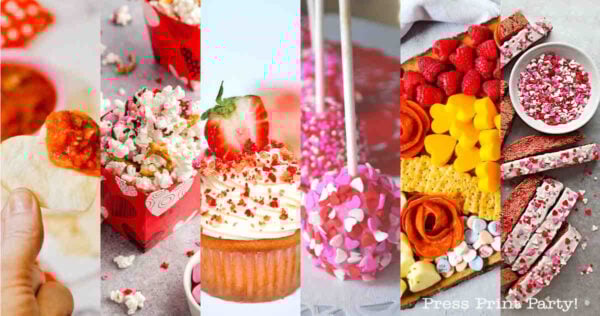 A collage shows five Valentine’s Day snacks: heart-shaped pizza, popcorn in red cups, strawberry-topped cupcake, pink sprinkle-covered cake pops, and a charcuterie board with fruits, cheeses, and candies.