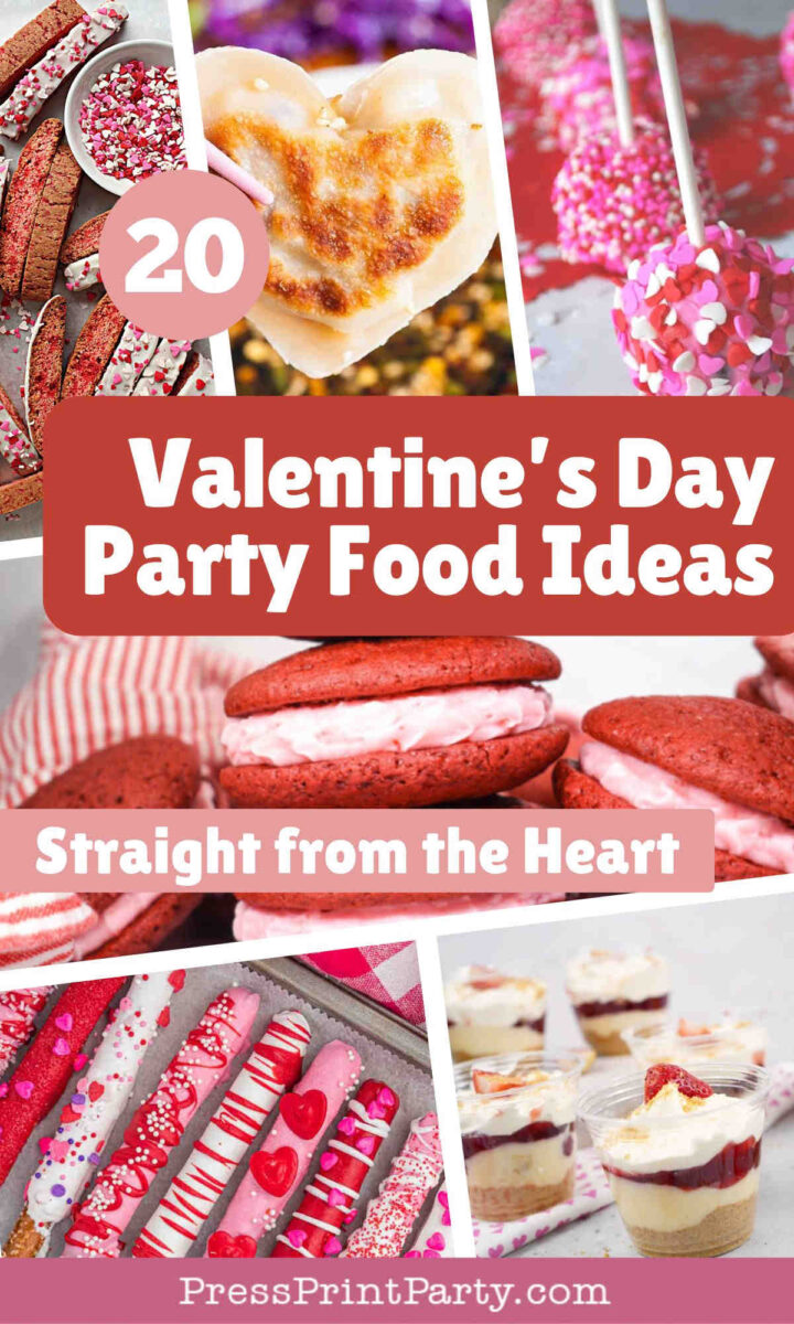 A collage of Valentine’s Day treats—heart-shaped cookies, cake pops, red macarons, and decorated desserts—with the text “20 Valentine’s Day Party Food Ideas—Straight from the Heart” inspires your own creative Valentines Day party food ideas.
