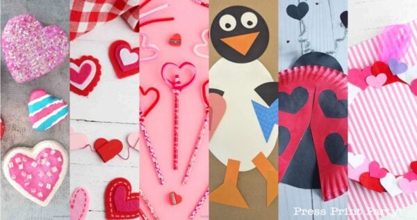 A collage of six DIY Valentine’s Day crafts, featuring heart-shaped cookies, felt hearts, decorated pencils, a penguin card, a ladybug craft, and a pink paper plate heart wreath.