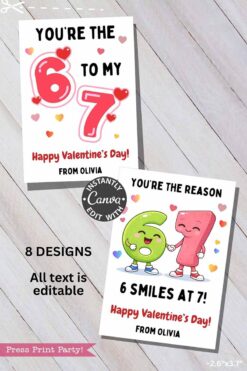 Funny 6 7 Valentine Cards: Two playful Christian Valentine cards with cute cartoon 6 and 7, colorful hearts, and fun editable messages—