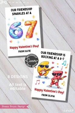 The Funny 6 7 Valentine Cards feature two vibrant Christian kids’ designs with “Our friendship sparkles/rocking at a 6-7. Happy Valentine’s Day!” Glittery numbers, emoji cartoons, and names “Katie” and “Olivia” for a sweet personal touch.