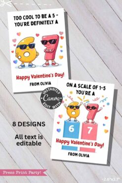 Funny 6 7 Valentine Cards: Two vibrant Christian cards with cartoon numbers and sunglasses, hearts, confetti, playful puns, customizable text, and a note that all text is editable.