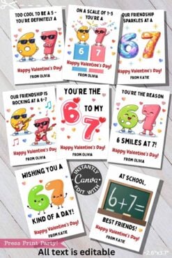 Funny 6 7 Valentine Cards: Set of nine colorful Christian cards with cute numbers, playful math and friendship phrases like "You're the 6 to my 7," decorated with hearts and music notes—perfect for sharing faith-filled fun.