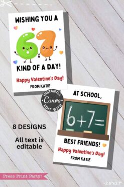 Funny 6 7 Valentine Cards: Set of 2 cheerful Christian math-themed Valentine cards—one features “Wishing you a 6+7 kind of a day!” with cartoon numbers, the other shows “6+7=” on a chalkboard. Both say “Happy Valentine’s Day! From Katie.”.