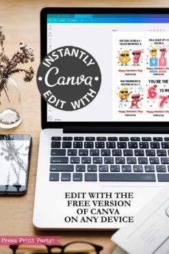 A laptop displays the Funny 6 7 Valentine Cards in Canva, with a plant and notebook nearby. Text overlay: “Instantly edit with Canva. Use the free version of Canva on any device.”.