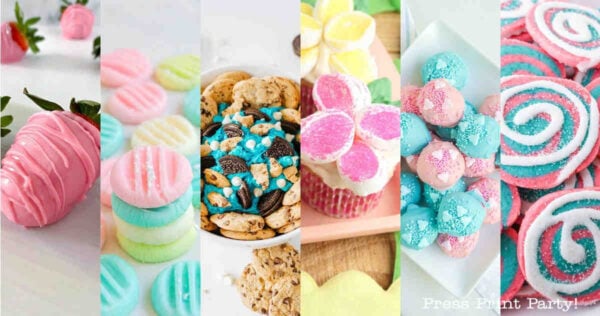 A colorful collage of six different sweet treats, including pink chocolate-covered strawberries, pastel mints, cookies with candy, butterfly cupcakes, blue truffles, and swirled pink and blue cookies.