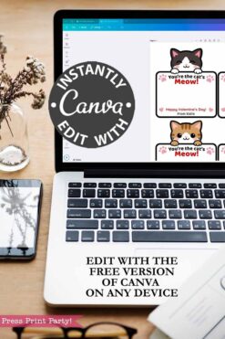 A laptop on a desk displays Cat Valentine Cards Printable for KitKat in Canva. Text highlights: