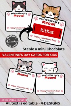 Set of four “Cat Valentine Cards Printable for KitKat” featuring cartoon cats and 