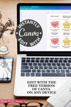 A laptop shows Canva editing software with Christian Valentine Cards on screen. A smartphone, plant, and glasses sit nearby. Overlay text highlights editing Christian Valentine Cards with Canva for free on any device.