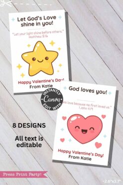 Two Christian Valentine Cards on wood: one shows a smiling star with