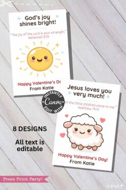 Two Christian Valentine Cards on wood: one with a smiling sun and Bible verse, the other with a cute sheep and Bible verse. Both say