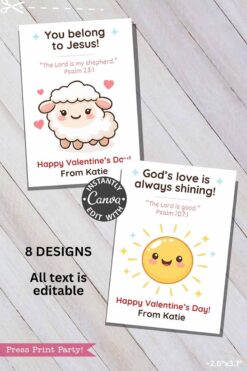 Two cute Christian Valentine Cards are displayed on a wooden surface—one with a smiling sheep and hearts, the other a cheerful sun, both with room to personalize. Discover more designs like our charming ballerina valentine cards!.