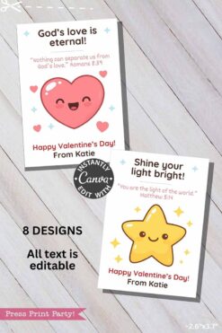Christian Valentine Cards feature cute cartoon graphics: a smiling heart with a Bible verse and a smiling star with a verse. Each says “Happy Valentine’s Day! From Katie.” Pair with ballerina valentine cards. All designs editable in Canva.