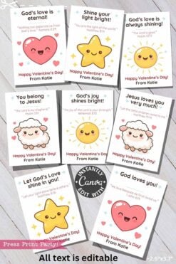 Christian Valentine Cards: Eight adorable cards with stars, suns, hearts, and ballerinas—each with Bible verses on God’s love, cheerful faces, and sweet messages. All text can be edited.