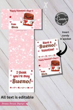 Mini Kinder Bueno Valentines: Printable Valentine’s Day card template with a pink heart background, cartoon chocolate bar, areas for “From: Olivia” and “I think you’re my Bueno!” Plus, space to attach a mini Kinder Bueno.