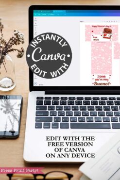 A desk displays a laptop with a Canva design for Mini Kinder Bueno Valentines. The image reads,