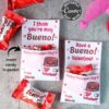 Mini Kinder Bueno Valentines: Two cards with “I think you’re my Bueno!” and “Have a Bueno! Valentine!” messages, each holding a Kinder Bueno mini chocolate, surrounded by more chocolates and heart decorations.