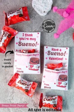 Mini Kinder Bueno Valentines: Two cards with “I think you’re my Bueno!” and “Have a Bueno! Valentine!” messages, each holding a Kinder Bueno mini chocolate, surrounded by more chocolates and heart decorations.
